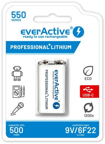 Перезаряжаемый литий-ионный аккумулятор 6F22 EverActive 9 В 550 мА·ч с разъемом USB-C