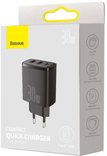 Baseus kompaktiškas greitas įkroviklis CCXJ-E01 30W 2x USB-A 1x USB-C PD 3.0 QC 3.0 BLACK