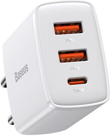 Baseus kompaktne kiirlaadija CCXJ-E02 30W 2x USB-A 1x USB-C PD 3.0 QC 3.0 VALGE