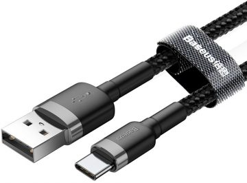 USB-A / USB-C kabelis Baseus Cafule CATKLF-UG1 300cm 3A QC 3.0 BLACK/GREY IN Nylon apvalkā