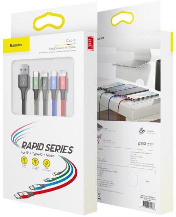 4in1 USB-A / valgustus iPhone 2x USB-C mikro-USB kaabel Baseus Cafule CA1T4-B01 1,2m 3,5A IN COVER