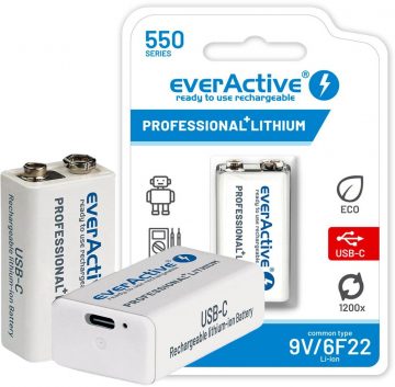 Перезаряжаемый литий-ионный аккумулятор 6F22 EverActive 9 В 550 мА·ч с разъемом USB-C