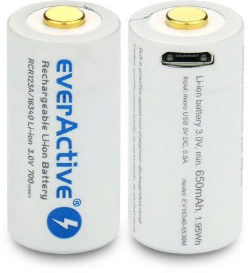 Uzlādējams akumulators 16340 / R-CR123 3V everActive 700mAh (1 gab.) ar drošības aizsardzību Uzlādējams akumulators 16340 / R-CR123 3V everActive 700mAh (1 gab.) ar drošības aizsardzību