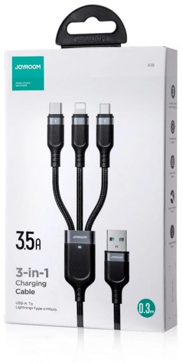 Joyroom 3-in-1 USB-A / USB-C mikro-USB Lightning kaabel S-1T3018A18 30cm 3,5A, punutud, must