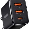 Baseus kompaktiškas greitas įkroviklis CCXJ-E01 30W 2x USB-A 1x USB-C PD 3.0 QC 3.0 BLACK