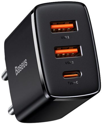 Baseus kompaktiškas greitas įkroviklis CCXJ-E01 30W 2x USB-A 1x USB-C PD 3.0 QC 3.0 BLACK