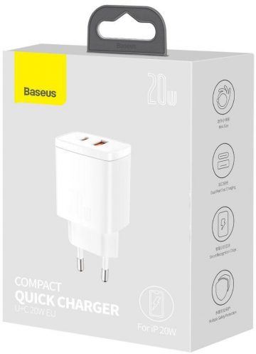 Baseus kompaktne kiirlaadija CCXJ-B02 20W 1x USB-A 1x USB-C PD 3.0 QC 3.0 VALGE