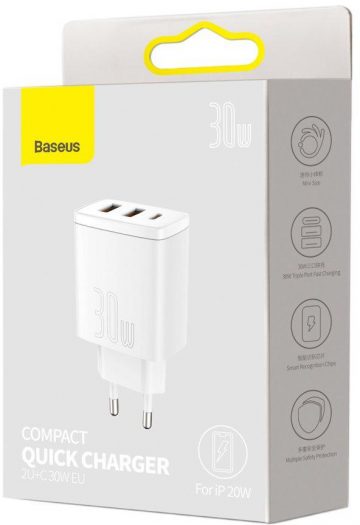 Baseus kompaktne kiirlaadija CCXJ-E02 30W 2x USB-A 1x USB-C PD 3.0 QC 3.0 VALGE
