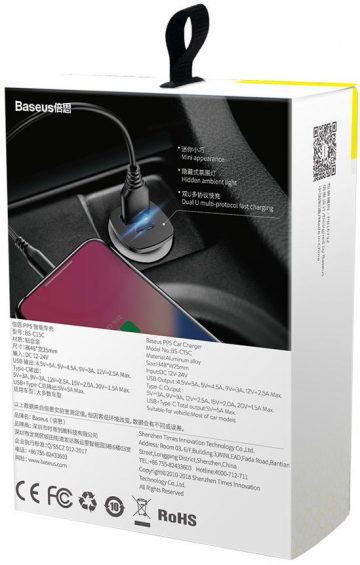 Автомобильное зарядное устройство Baseus Square CCALL-AS01 30 Вт 5 А 1x USB-A 1x USB-C QC 4.0+