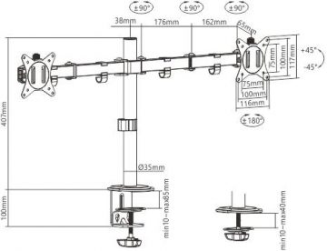 Artikulējošs galda stiprinājums 2 monitoriem Spacetronik SPA-120