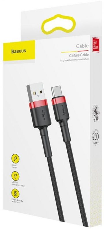 USB-A / USB-C KABELIS Baseus Cafule CATKLF-C91 200cm 2A QC 3.0 BLACK/RED KABELIS