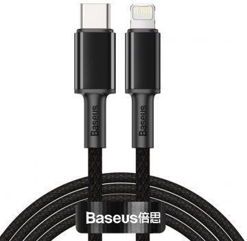 Кабель USB-C/Lightning для iPhone Baseus Cafule CATLGD-A01, 2 м, 20 Вт, PD, быстрая зарядка, черный, с чехлом