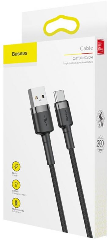 USB-A / USB-C kabelis Baseus Cafule CATKLF-CG1 200cm 2A QC 3.0 BLACK/GREY IN nailono apvalkalas