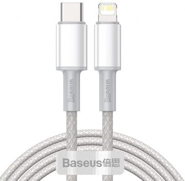 Кабель USB-C/Lightning для iPhone Baseus Cafule CATLGD-A02, 2 м, 20 Вт, PD, быстрая зарядка, белый, в чехле