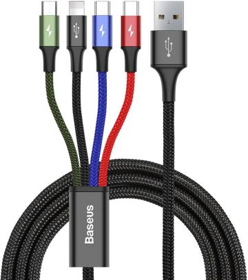 4in1 USB-A / valgustus iPhone 2x USB-C mikro-USB kaabel Baseus Cafule CA1T4-B01 1,2m 3,5A IN COVER