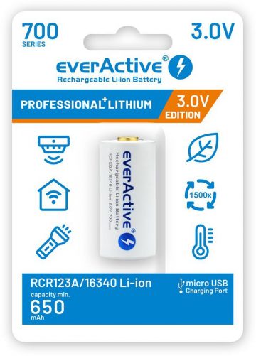 Uzlādējams akumulators 16340 / R-CR123 3V everActive 700mAh (1 gab.) ar drošības aizsardzību Uzlādējams akumulators 16340 / R-CR123 3V everActive 700mAh (1 gab.) ar drošības aizsardzību