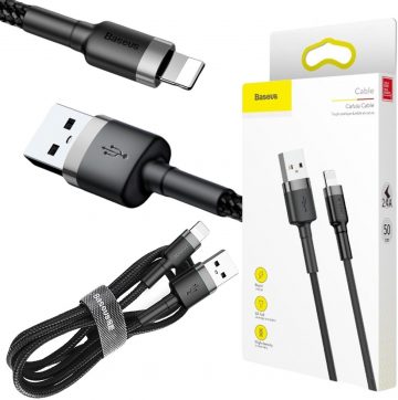 USB-A / Lightning iPhone kabelis Baseus Cafule CALKLF-AG1 50cm Apple 2.4A BLACK/GREY KABELIS
