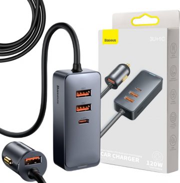Автомобильное зарядное устройство Baseus Share Together 120 Вт 3 А 3x USB-A 1x USB-C PD 20 Вт QC 3.0 на кабеле