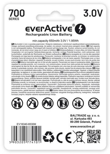 Uzlādējams akumulators 16340 / R-CR123 3V everActive 700mAh (1 gab.) ar drošības aizsardzību Uzlādējams akumulators 16340 / R-CR123 3V everActive 700mAh (1 gab.) ar drošības aizsardzību