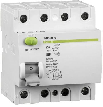 Paliekošās strāvas ķēdes pārtraucējs, 6 kA, 25A, 30mA, 4P tips, maiņstrāva EX9L-N. Noark 108331Paliekošās strāvas ķēdes pārtraucējs, 6 kA, 25A, 30mA, 4P tips, maiņstrāva EX9L-N. Noark 108331