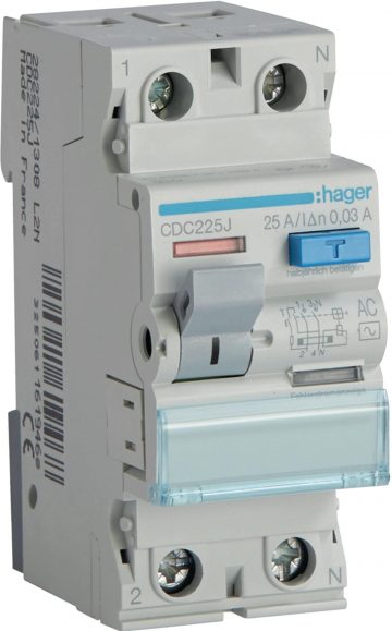 1P+N 25A 30mA 6kA maiņstrāvas diferenciālais ķēdes pārtraucējs HAGER CDC225J1P+N 25A 30mA 6kA maiņstrāvas diferenciālais ķēdes pārtraucējs HAGER CDC225J