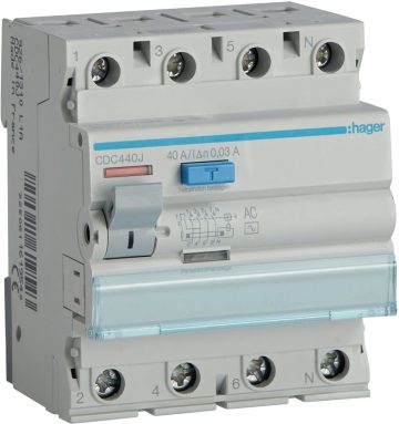 3P+N 40A 30mA 6kA maiņstrāvas diferenciālais ķēdes pārtraucējs HAGER CDC440J3P+N 40A 30mA 6kA maiņstrāvas diferenciālais ķēdes pārtraucējs HAGER CDC440J