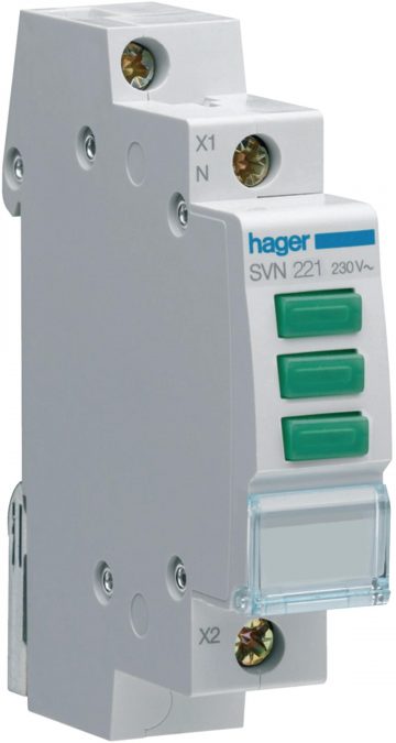 Signāllampiņa, 230 V maiņstrāva, 3 x zaļas gaismas diodes HAGER SVN221Signāllampiņa, 230 V maiņstrāva, 3 x zaļas gaismas diodes HAGER SVN221