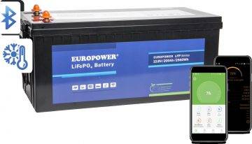 EUROPOWER LFP serijos LiFePO4 baterija 12,8V 200Ah Bluetooth šildymo kilimėlis (eksploatavimo trukmė ~ 2000 ciklų)