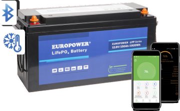 Аккумулятор EUROPOWER серии LFP LiFePO4 12,8 В 150 Ач Bluetooth, нагревательный мат (срок службы ~ 2000 циклов)Аккумулятор EUROPOWER серии LFP LiFePO4 12,8 В 150 Ач Bluetooth, нагревательный мат (срок службы ~ 2000 циклов)