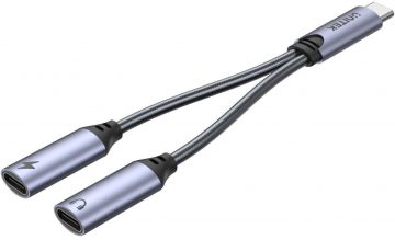 Unitek adapteris USB-C uz 2 x USB-C audio portiem un 18 WUnitek adapteris USB-C uz 2 x USB-C audio portiem un 18 W