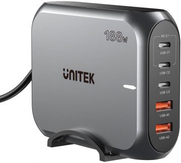 Unitek ātrās uzlādes lādētājs 2xUSB-A 3xUSB-C GAN 188WUnitek ātrās uzlādes lādētājs 2xUSB-A 3xUSB-C GAN 188W