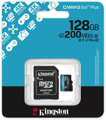 Kingston CanvasGo! Pluss 200MB/s A2 U3 V30 128GB microSD mälukaart + adapter Kingston CanvasGo! Pluss 200MB/s A2 U3 V30 128GB microSD mälukaart + adapter