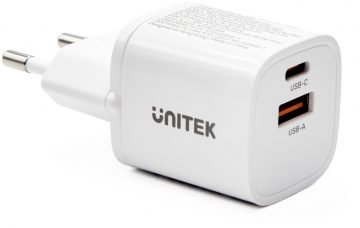 Unitek sienas lādētājs 1x USB-A 1x USB-C QC PC 3.0 33W baltsUnitek sienas lādētājs 1x USB-A 1x USB-C QC PC 3.0 33W balts