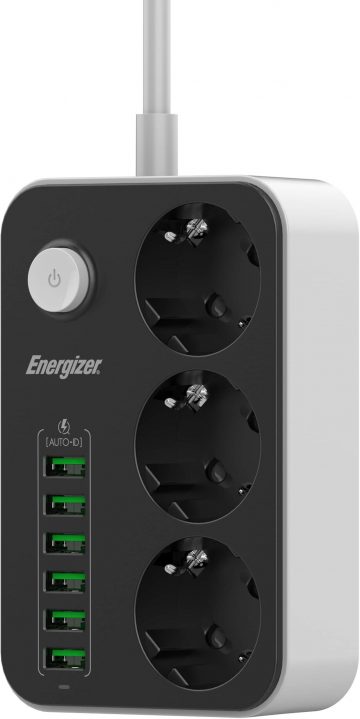 Maitinimo ilgintuvas su jungikliu Energizer 3x SCHUKO 6x USB-A 2500W 10A 2M laidas Maitinimo ilgintuvas su jungikliu Energizer 3x SCHUKO 6x USB-A 2500W 10A 2M laidas