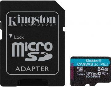 Карта памяти microSD Kingston CanvasGo! Plus 200 МБ/с A2 U3 V30 64 ГБ + адаптер
