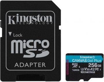 Kingston CanvasGo! Plus 200MB/s A2 U3 V30 256GB microSD atmiņas karte + adapteris Kingston CanvasGo! Plus 200MB/s A2 U3 V30 256GB microSD atmiņas karte + adapteris