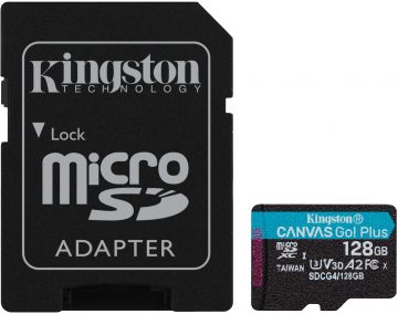 Kingston CanvasGo! Pluss 200MB/s A2 U3 V30 128GB microSD mälukaart + adapter