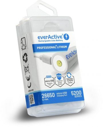 Аккумулятор 26650 Li-ion 3,7 В everActive 5200 мАч micro USB (1 шт.) с защитой Аккумулятор 26650 Li-ion 3,7 В everActive 5200 мАч micro USB (1 шт.) с защитой
