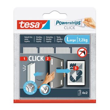 Tesa Powerstrips Click Large pašlīmējošās montāžas strēmeles, lielas, atkārtoti noņemamas, līdz 2 kgTesa Powerstrips Click Large pašlīmējošās montāžas strēmeles, lielas, atkārtoti noņemamas, līdz 2 kg