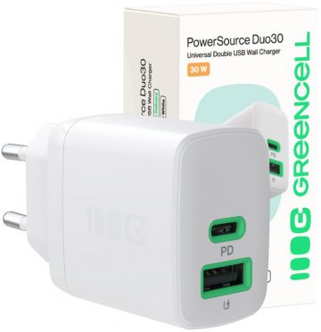 Зарядное устройство Greencell PowerSource Duo30 30 Вт переменного тока 1xUSB-C 1xUSB-A PD 3.0 QC 4.0+, белое