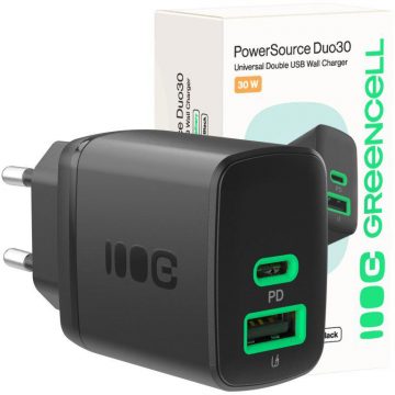 Зарядное устройство переменного тока Greencell PowerSource Duo30 мощностью 30 Вт, 1 порт USB-C, 1 порт USB-A, PD 3.0, QC 4.0+, черное Зарядное устройство переменного тока Greencell PowerSource Duo30 мощностью 30 Вт, 1 порт USB-C, 1 порт USB-A, PD 3.0, QC 4.0+, черное