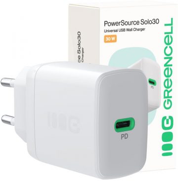 Greencell PowerSource Solo30 30W AC laadija 1xUSB-C PD 3.0 QC 4.0+ valgeGreencell PowerSource Solo30 30W AC laadija 1xUSB-C PD 3.0 QC 4.0+ valge