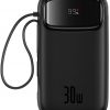 Внешний аккумулятор Baseus QPow 2 20000 мАч 30 Вт с 2 встроенными кабелями USB-C — черный