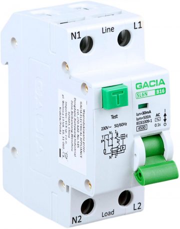 Дифференциальный выключатель с элементом защиты от перегрузки B16A, 30 мА, тип 1P+N переменного тока GACIA SL6N 1P+N B16A 30MA, переменного токаДифференциальный выключатель с элементом защиты от перегрузки B16A, 30 мА, тип 1P+N переменного тока GACIA SL6N 1P+N B16A 30MA, переменного тока