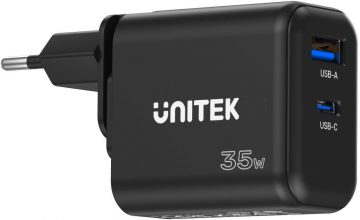 Unitek GaN PD 35W USB-C + USB-A must seinalaadija Unitek GaN PD 35W USB-C + USB-A must seinalaadija