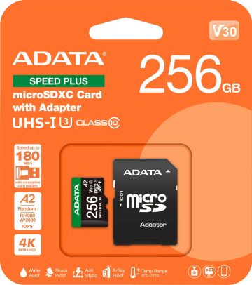 Карта памяти Adata microSD Speed ​​Plus 256 ГБ UHS1 U3 V30 A2 180/160 МБ/с