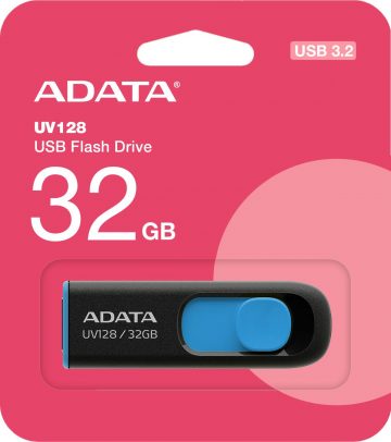 Adata UV128 32GB USB 3.2 Gen1 USB zibatmiņa, melna un zila Adata UV128 32GB USB 3.2 Gen1 USB zibatmiņa, melna un zila