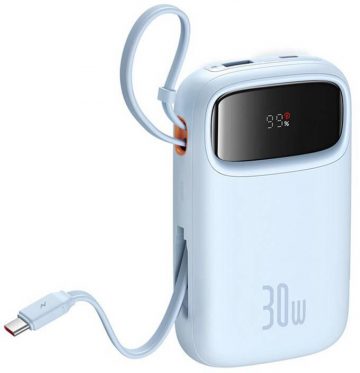 Baseus QPow 2 10000mAh 30W Power Bank ar 2 iebūvētiem USB-C kabeļiem - zilsBaseus QPow 2 10000mAh 30W Power Bank ar 2 iebūvētiem USB-C kabeļiem - zils