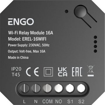 ENGO Controls EREL-16WIFI - Viedais relejs ar viedo Wi-Fi releju ENGO Smart sistēmai, 1x16A, NO-COMENGO Controls EREL-16WIFI - Viedais relejs ar viedo Wi-Fi releju ENGO Smart sistēmai, 1x16A, NO-COM
