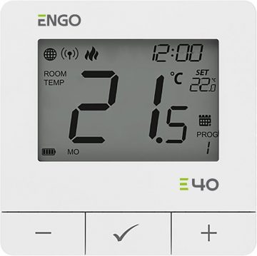 ENGO Controls E40-BATW - Programmējams, uz interneta bāzes veidots, uz virsmas montējams ZigBee/868MHz temperatūras regulators, darbināms ar baterijām, balts